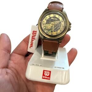 NEW Wilson Embossed 3D Brass Tone Quartz Watch Brown Leather & Green Nylon Band